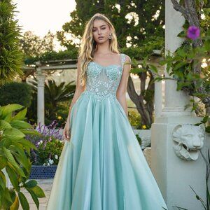 New Sage Green Off Shoulder Prom Dress w/ Layered Skirt & Corset Bodice JT2639G